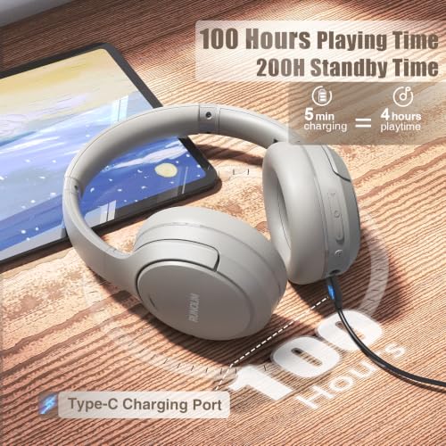 RUNOLIM Hybrid Active Noise Cancelling Headphones, 100H Playtime, Built-in Microphone, Bluetooth Wireless Over Ear Foldable Headphones with HiFi Audio, Home Travel Office - color: Silver