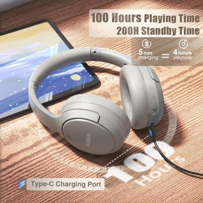 RUNOLIM Hybrid Active Noise Cancelling Headphones, 100H Playtime, Built-in Microphone, Bluetooth Wireless Over Ear Foldable Headphones with HiFi Audio, Home Travel Office - color: Silver