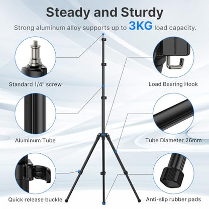 Ulanzi TT43 Extendable Photography Light Stand, Adjustable 6.23ft Aluminum Tripod, Reversible Portable Studio Lighting Tripod for Continute Output Lighting/Strobe Light/Webcams/Cameras/Softbox | 3KG Load, Reversible Portable Studio Lighting Tripods, For C
