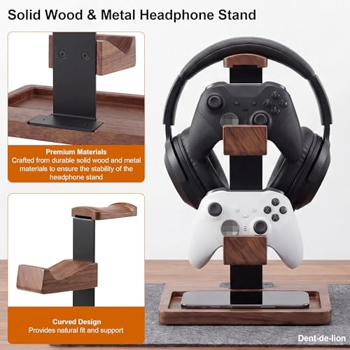 2-in-1 Solid Wood Headset Stand with Dual Game Controller Holder | Gaming Headphone Stand with Storage Base, 6 Joystick Sponge Rings and 8 Thumb Grips Gaming Equipment Accessories for Desk