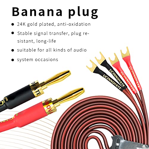 UCINNOVATE 2 Pack HiFi OFC Speaker Cable with Banana Plug to Jumper Spade, Banana Plug to U Fork Plug 14AWG Speaker Wire Cord Jumper Bridge Cable for Speaker Amplifier (6.56FT) - style: 2x 2m OFC Speaker Cables