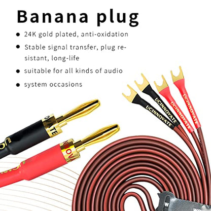 UCINNOVATE 2 Pack HiFi OFC Speaker Cable with Banana Plug to Jumper Spade, Banana Plug to U Fork Plug 14AWG Speaker Wire Cord Jumper Bridge Cable for Speaker Amplifier (6.56FT) - style: 2x 2m OFC Speaker Cables