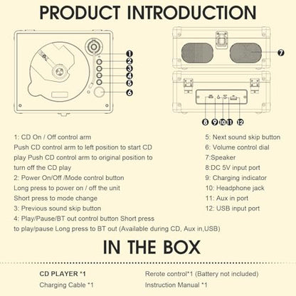 RetroAudio CD Player with Speakers Retro Portable CD Players for Home Music Player with Remote Control,V5.4 Bluetooth in&Out Desktop Suitcase CD Player with AUX in, Headphone Jack,USB Playback，Black - color: Black