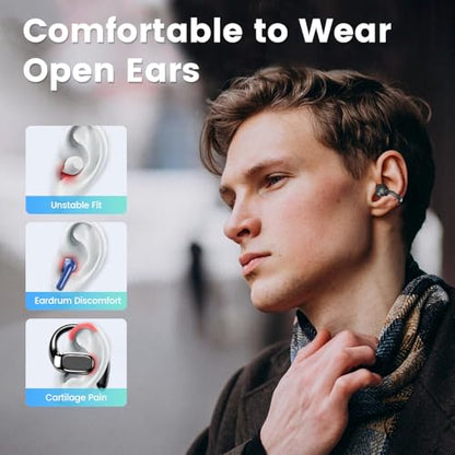 Piluyaa Clip-on Earbuds, Open Ear Earbuds with LCD Touchscreen Wireless Bluetooth 5.4, Lightweight M100 Open Ear Headphones with C-Shaped Bridge, Slim Hook,48H Battery, for Sports, Fitness (Black) - color: Black