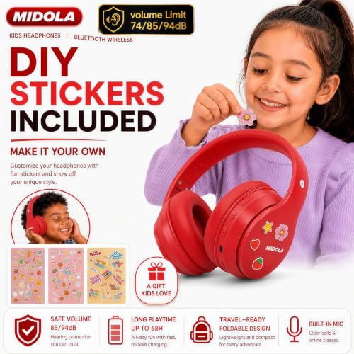 MIDOLA Kids Headphones Bluetooth 5.3 Wireless 60H Play Time Volume Limit 85/110dB Over Ear Foldable Protection Headset/Wired AUX Cord Mic for Children Boy Girl Travel School Phone Pad Tablet Red | Adjustable Headband Foldable Over-Ear Lightweight Headsets