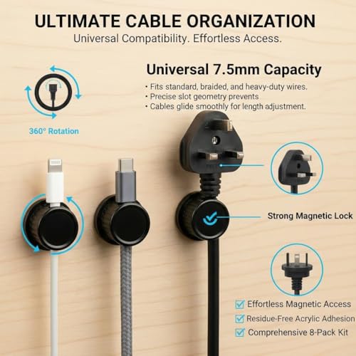 Magnetic Cable Organizer 8-Pack Glossy Black - Rotating Magnetic Clip Cord Keeper for Desk, Nightstand & Car - Adhesive Management System for USB & Power Wires