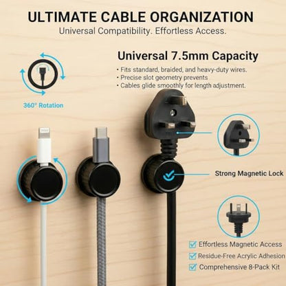 Magnetic Cable Organizer 8-Pack Glossy Black - Rotating Magnetic Clip Cord Keeper for Desk, Nightstand & Car - Adhesive Management System for USB & Power Wires