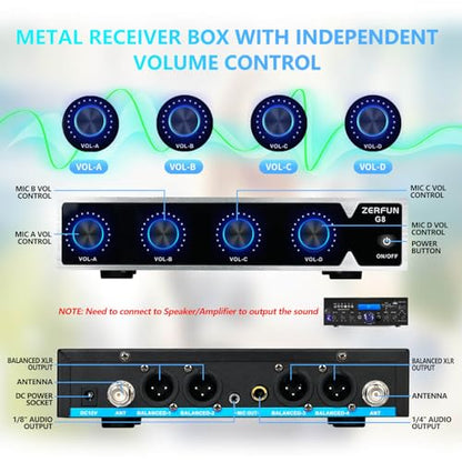 4 Channel Rechargeable Wireless Microphone System, Pro UHF Metal Handheld Wireless Microphones Cordless Mics for Karaoke Singing Church with VOL Control, 4x50 Adjustable Frequency(G8)