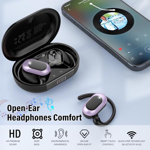 Open Ear Headphones, NEW Over Ear Earbuds with 4 ENC Noise-Canceling Mic | Ultra-Comfort Bone Conduction Earbuds, BT5.4, HD Stereo, IPX7 Waterproof, Ergonomic Earhooks,36H Sports Ear Buds for Running - color: Black Purple