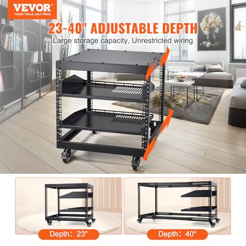 VEVOR 9U Open Frame Server Rack, 23''-40'' Adjustable Depth, Free Standing or Wall Mount Network Server Rack, 4 Post AV Rack with Casters, Holds All Your Networking IT Equipment AV Gear Router Modem - size: 9U