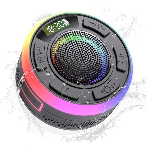 IPX7 Waterproof Shower Bluetooth Speaker, Portable Small Speaker with Suction Cup and Time Display, Loud Crystal Sound & Bass 10H Playtime 1100mAh, Wireless Shower Speakers for Pool, Beach Gift Black - color: Jet Black