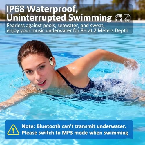 Swimming Headphones, IP68 Waterproof Bone Conduction Headphones, Bluetooth 6.0 &MP3 with32GB Memory Card, Skin Open Ear Swim Earbuds with Adjustable Headband for Swim Cap/Hat, Magnetic Charging(Beige)