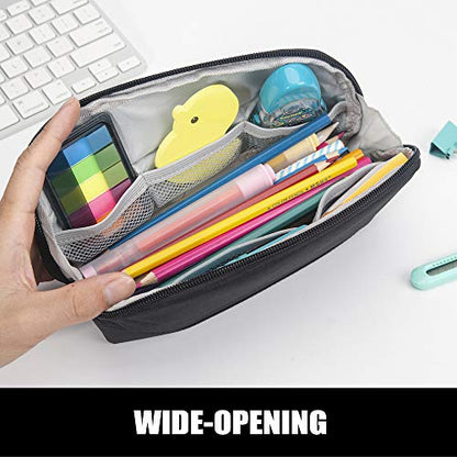 Sooez Wide-Opening Pencil Pen Case, Lightweight & Spacious Pencil Pouch Zipper Stationery Bag, Aesthetic Supply with Triangular Design for Adults, Black - color: Black
