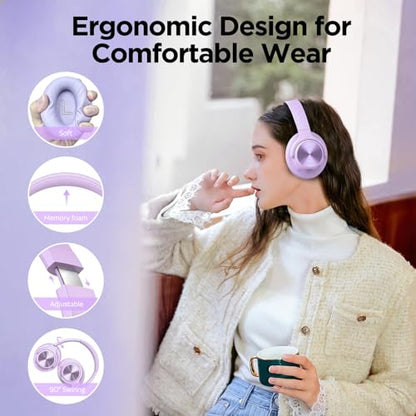 Hybrid Active Noise Cancelling Headphones 130H Wireless Over Ear Headphones | Bluetooth, Hi-Res Sound, Deep Bass, Spatial Audio, Dual Connection, Custom EQ via App, Comfortable Fit for Travel Home Office - color: Purple