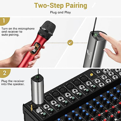 TONOR Wireless Microphones, Cordless Mic with Rechargeable Receiver, 200ft Range UHF Handheld Dynamic Microfonos Inalambricos Professional for Karaoke Singing Party Wedding Church TW630 Silver&Red