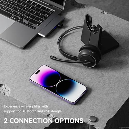LEVN Wireless Headset 5.2 for Call Center, BluetoothHeadphones with Mic for Work(Noise Cancelling), 65 HoursWoktime & Mute Button,Wireless Headset for Work fromHome/Office/PC/Computer/Laptop(Black)