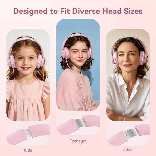 Wired Headphones with Microphone, Over Ear Lightweight Foldable 3.5mm Plug in Corded Headphones Wired with Volume Control, 4.9ft Tangle-Free Cord for Tablet Laptop MP3/4 School Travel Pink | Wired Over Ear Foldable Corded Headphones for Teens Classroom Tr