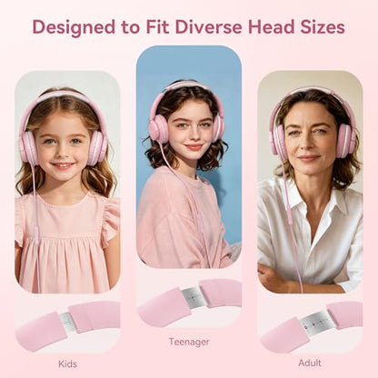 Wired Headphones with Microphone, Over Ear Lightweight Foldable 3.5mm Plug in Corded Headphones Wired with Volume Control, 4.9ft Tangle-Free Cord for Tablet Laptop MP3/4 School Travel Pink | Wired Over Ear Foldable Corded Headphones for Teens Classroom Tr