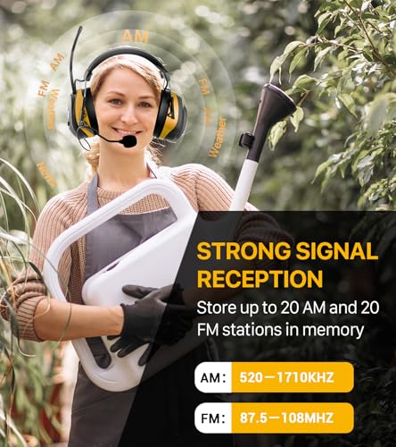 AM FM Radio Hearing Protection Earmuff, Bluetooth 5.4, 30SNR | Rechargeable Hearing Protectors with Gel Earpads, Headphones for Lawn Mowing, Construction, Chainsaw, Landscaping - color: Am/Fm + Bluetooth + Microphone-yellow