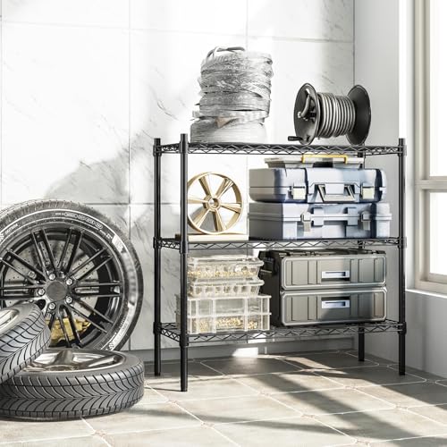 Auslar 3-Tier Heavy Duty Wire Shelving Adjustable Metal Storage Rack Black | Standing Shelving Units, Multi-Purpose Organizer for Kitchen Garage Pantry Laundry, Easy-Assembly Storage Shelf