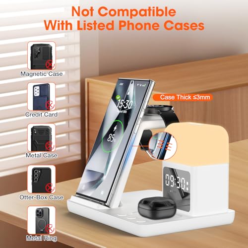 Wireless Charger for Samsung/Android Charging Station, 6 in 1 Fast Watch Charger with Alarm Clock-Night Light, Compatible for Galaxy S25 Ultra/S24, Only for Samsung Watch8/7, Galaxy Buds3 Pro(White) - color: White