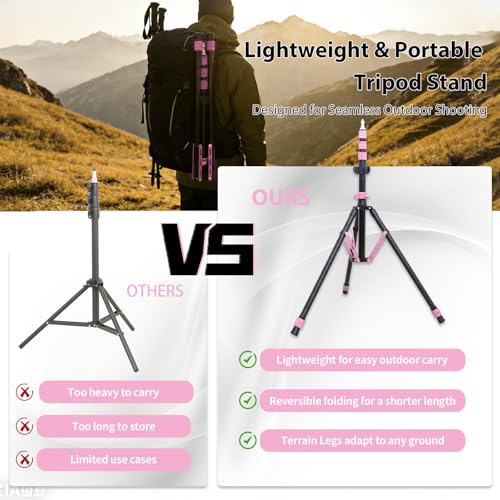 Photography Light Stand, 6.5ft Adjustable Reverse Folding Tripod Stand | Portable Aluminum Light Stand with Carrying Bag & Sandbag, for Softbox, Speedlite, Flash, LED Lights and Camera, Pink - color: Pink