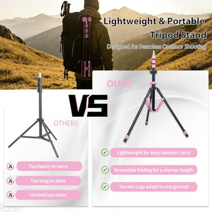 Photography Light Stand, 6.5ft Adjustable Reverse Folding Tripod Stand | Portable Aluminum Light Stand with Carrying Bag & Sandbag, for Softbox, Speedlite, Flash, LED Lights and Camera, Pink - color: Pink