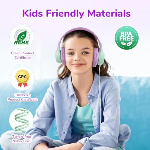 EarFun K3 Kids Headphones, Wired Kids Headphones with Mic for School/Travel | Built-in Mic, 85/94dB Volume Limit, HD Stereo Sound, 3.5mm Jack, Foldable Wired Headphones for Boys/Girls/Tablet/iPad, Purple - color: Purple