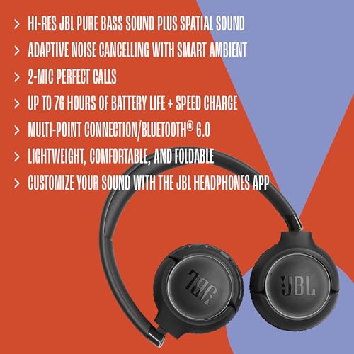JBL Tune 680NC - Noise Cancelling Headphones - Black | Hi-Res JBL Pure Bass Sound plus Spatial Sound, Adaptive Noise Cancelling with Smart Ambient - color: Black