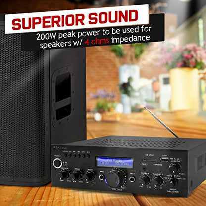 Pyle Wireless Bluetooth Home Power Amplifier - 200 Watt Audio Stereo Receiver w/USB Port, AUX in, FM Radio, 2 Karaoke Microphone Input, Remote - Home Entertainment System - Pyle PDA5BU.5