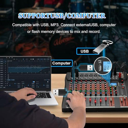 FULUODE Audio Mixer 8 Channel, CT-80S Professional Sound System Mixer Board DJ Mixing Console with Reverb MP3 Player Bluetooth 48V Phantom Power Supply USB Recording for Studio Karaoke Live Music