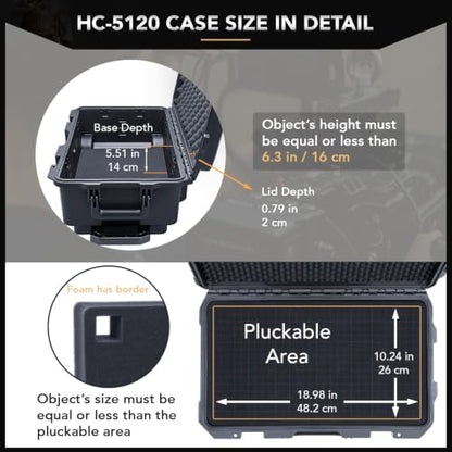 Lykus HC-5120 Hard Case with Wheels and Foam, Inner Size 18.98*10.24*6.3in | IP67 Waterproof, Pluckable Foam, Suitable for Cameras, Lenses, Electronic Equipment and More - size: HC-5120: 21.85x13.78x9.06 inch