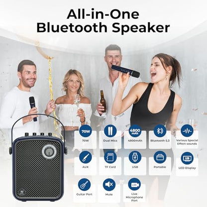 Wireless Voice Amplifier with 2 Wireless Mics,Microphones and Speaker | Teacher Microphones for Singing,Karaoke Machine for TV,Portable PA System for Events Supports TF/USB/AUX S100 Pro