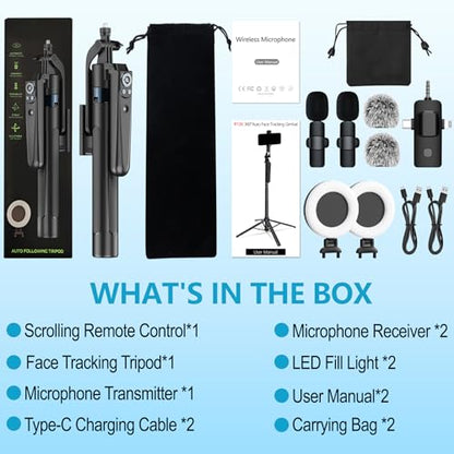71" Content Creator Essentials Vlogging Kit - 2 Lights & 2 Mics | 360° Rotating Auto Face Tracking Tripod for iPhone/Android/Camera with Wireless Remote, No App for Vlog, Live, Video Record