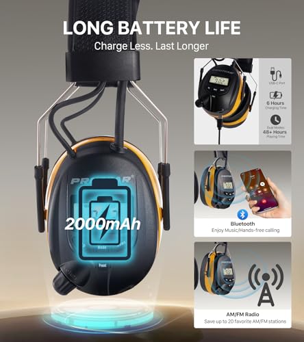 AM FM Radio Hearing Protection Earmuff, Bluetooth 5.4, 30SNR | Rechargeable Hearing Protectors with Gel Earpads, Headphones for Lawn Mowing, Construction, Chainsaw, Landscaping - color: Am/Fm+ Bluetooth-yellow
