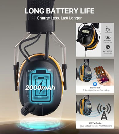 AM FM Radio Hearing Protection Earmuff, Bluetooth 5.4, 30SNR | Rechargeable Hearing Protectors with Gel Earpads, Headphones for Lawn Mowing, Construction, Chainsaw, Landscaping - color: Am/Fm+ Bluetooth-yellow