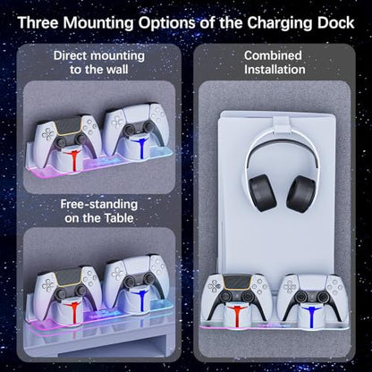 PS5 Wall Mount Kit with Charging Station, Compatible with PlayStation 5/Slim/Pro Disc & Digital Version, Dual Use Charging Station with Multi-Mode RGB Light, White
