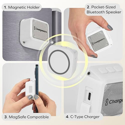 CHARGEWORX Magnetic Bluetooth Speaker and Phone Stand, Portable Mini Speaker, USB-C Rechargeable Wireless Device for High-Fidelity Audio, Compatible with MagSafe iPhone 16/15/14/13/12 Case, White - color: White