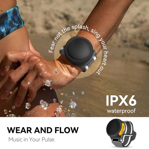 ANCwear Wearable Bluetooth Speaker with Clip, 3-Way Portable Mini Speaker | 60g wearable speaker for work, walking and travel with wristband, clip and hanger, IPX6 splash resistance and 9.5H playtime - color: Black