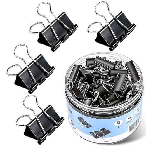 Binder Clips, KURULO 60pcs Medium Binder Clips 1.25 Inches | Sturdy Binder Clip Medium for Office Supplies, School, Home, Black Metal Paper Clamps, Office Clips with Storage Box