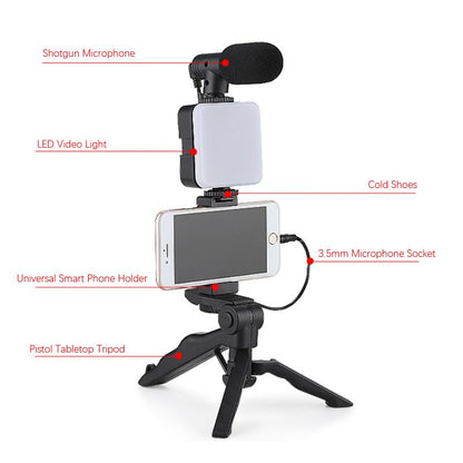 HuaerHui Vlogging Starter Kit with Mini LED Video Light + Shotgun Microphone + Universal Cellphone Holder Clip + Pistol Grip Tripod Compatible with Smart Phones/Cameras