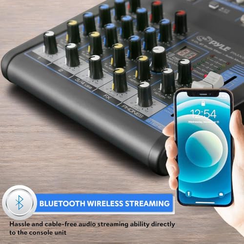 Pyle 4 Channel Audio Mixer with Bluetooth - DJ Sound Board Controller - USB Computer Input - Built-in MP3 Player - 48V Phantom Power - 3 Band EQ - 16-Bit DSP FX - Band, Studio Ready - PMXU43BT