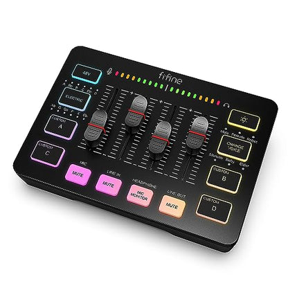 FIFINE Gaming Audio Mixer, Streaming RGB PC Mixer with XLR Microphone Interface, Individual Control, Volume Fader, Mute Button, 48V Phantom Power, for Podcast/Recording/Vocal/Game Voice-AmpliGame SC3 | USB PnP For PC,Mute Button,XLR Preamp,RGB,Voice chang