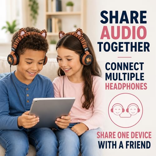 Planet Buddies Kids Tiger Wired Headphones with Cord, Safe Volume for Kids | Toddler Safe, Foldable, On-Ear Corded Animal Headphone for Girls, Boys with Mic for iPad, Tablet, Airplane, School & Travel