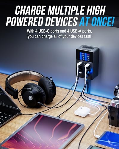 SABRENT VOLTIK Charging Station, 252W 8-Port USB C and USB A, LCD Display | Desktop fast charger, USB-C & USB-A, 252W shared across 8 ports, UL certified, real-time LCD, for MacBook / iPhone / Samsung - size: 8-Port