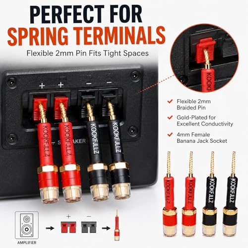 4mm Banana Plugs Speaker Wire Adapters 4 Pack - Pin to Female Banana Jack Gold Plated Connectors for Speaker Amplifier