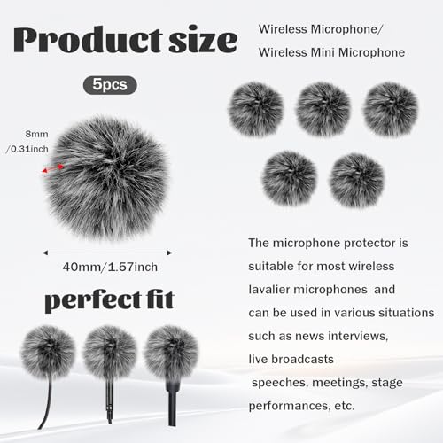 Mini Wireless Furry Windscreen Covers, 5 Pcs Furry Windscreen Muff Lavalier Microphone Wind Screen Muffs Pop Filter Noise Reduction for Wind and Ambient Noise Improve Mic Audio Quality (Grey)