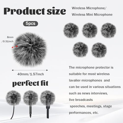 Mini Wireless Furry Windscreen Covers, 5 Pcs Furry Windscreen Muff Lavalier Microphone Wind Screen Muffs Pop Filter Noise Reduction for Wind and Ambient Noise Improve Mic Audio Quality (Grey)