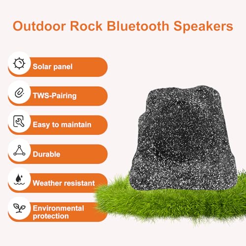 STUDIOFINIX 8" Rock Speakers Outdoor Waterproof - 5.3 Bluetooth Wireless Speaker Solar Powered Max Peak 240W for Garden,Patio,Deck,Pool,Backyard (Gray 1 Pair) - size: 8 Inch