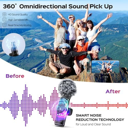 2 Packs Wireless Lavalier Microphone for iPhone 15/iPad/Android/Phone/PC/Laptop, Plug-Play Mini Mic with Noise Reduction, Lapel USB C Microphone for Video Recording, Interview, Vlogging